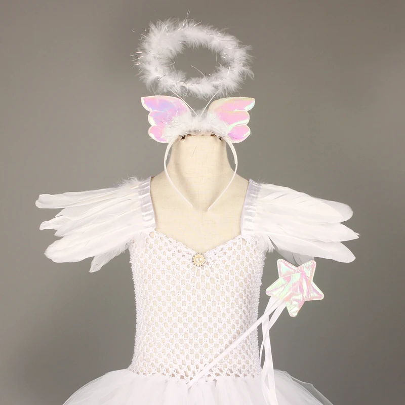 Girls White Heavenly Angel Tutu Dress with Halo & Sequin Angel Wings Back Children Halloween Fancy Dress Up Christmas Costume (3)