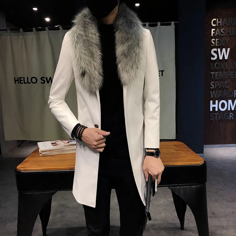 Мужской плащ, Модный меховой воротник, Куртки из искусственной кожи, Мужская Длинная ветровка, Мужская Осенняя зимняя приталенная ветрозащитная куртка