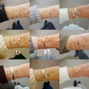 

VAGZEB Gold Color Bohemian Geometric Crystal Multi Layer Bracelets Bangles Charm Adjustable Bracelet Set for Women Jewelry Gifts