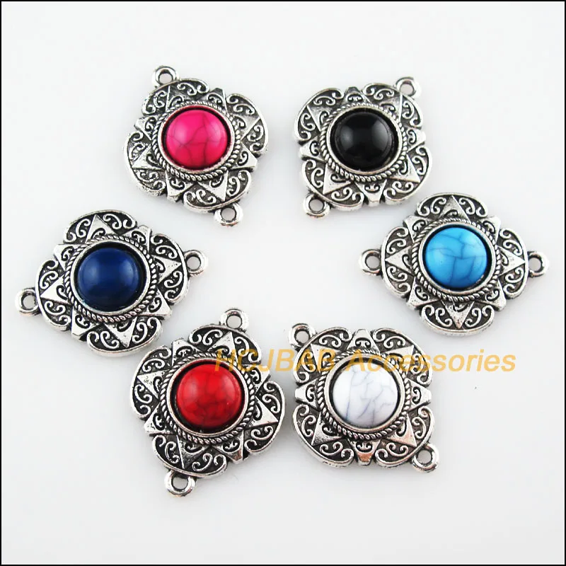 

6 New Flower Mixed Charms Connectors Stone Tibetan Silver Pendant 23.5x30mm