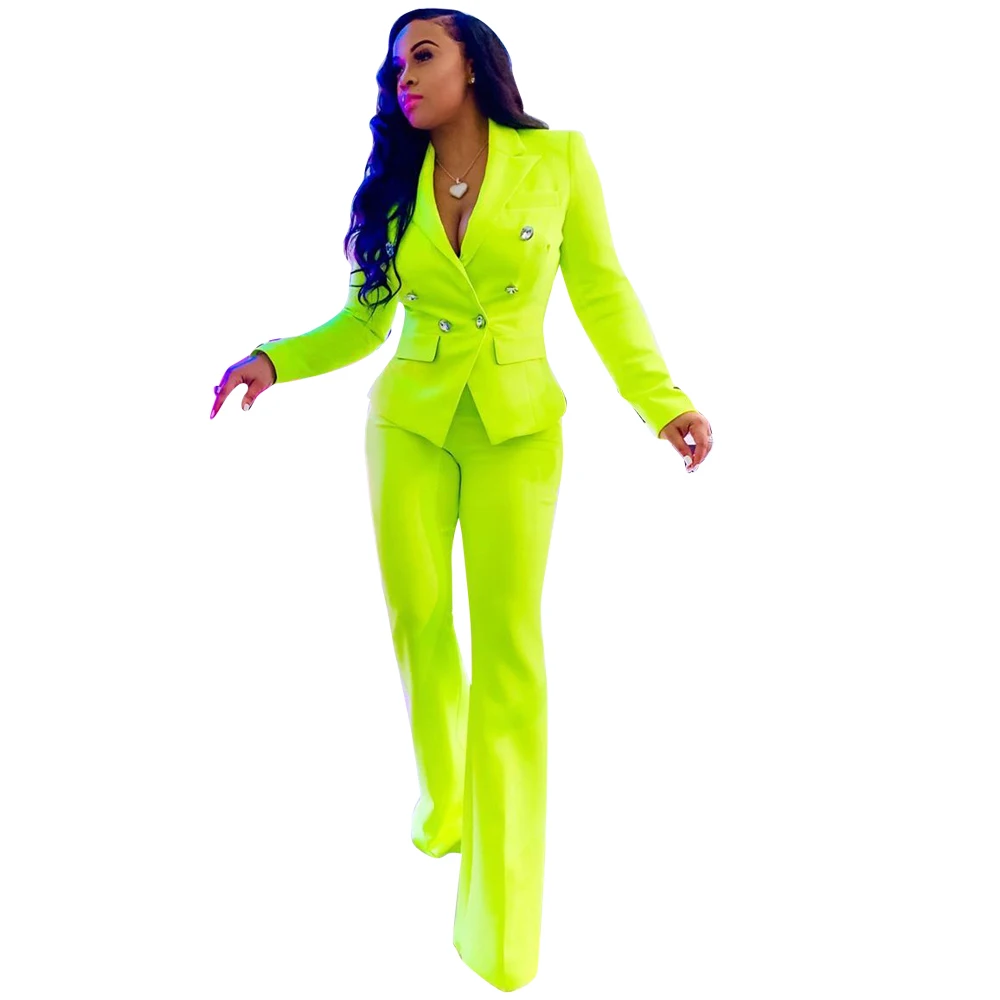 Tsuretobe флуоресцентный комплект из двух предметов, женское двубортное пальто и прямые штаны, офисные костюмы, женские наряды с длинными рукавами - Цвет: Fluorescent green