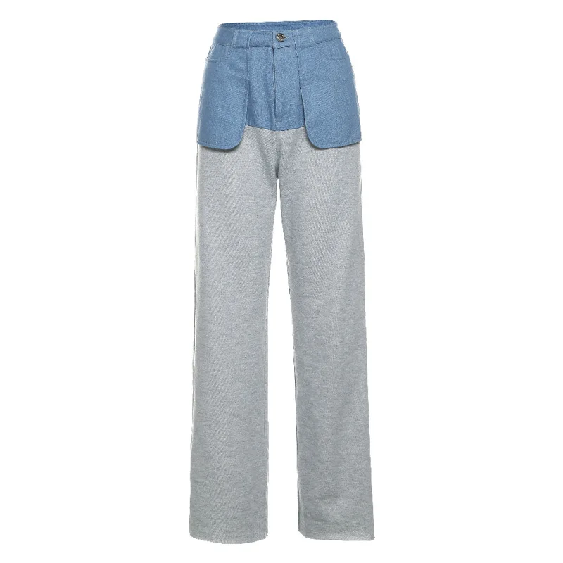 Patchwork Loose Pant for Women High Waisted Straight Leg Stretch Y2k Pants Girls Fashion Color Block Patch Trousers