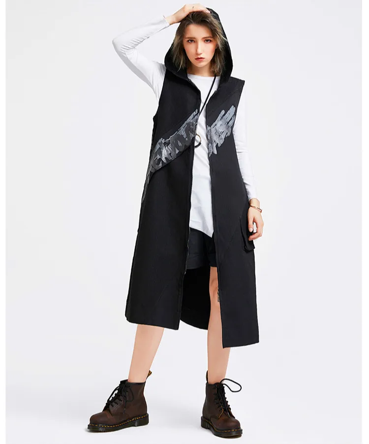 Max LuLu корейские модные женские черные уличные с капюшоном женские Печатные Повседневная накидка без рукавов осенние жилеты длинное пальто