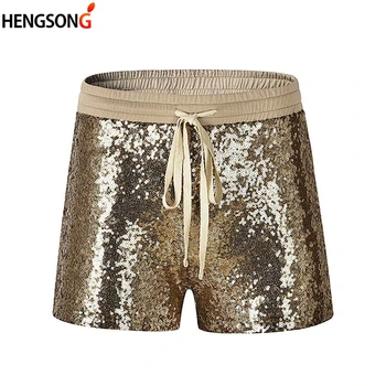 

2018 New Fashion Summer Short Pants Drawstring Elastic Waist Dancing Shorts Sexy Club Sequined Shorts Women's Casual Shorts Gold