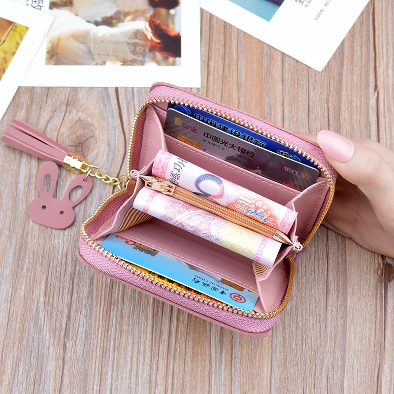 New women's wallet leather zipper tassel mini coin key case Korean student leaves simple small wallet