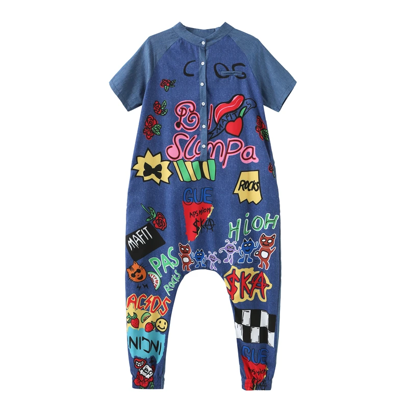 Casual Rompers Women Big Crotch Pants Graffiti Letters Abstract Print Loose Jumpsuits Ankle-Length Casual Rompers Women Big Crotch Pants Graffiti Letters Abstract Print Loose Jumpsuits Ankle-Length