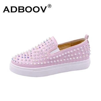 

ADBOOV Rivet Flat Shoes Women Punk Style Slip On Casual Shoes Ladies Plus Size 35-44 Stud Loafer Shoes Pink