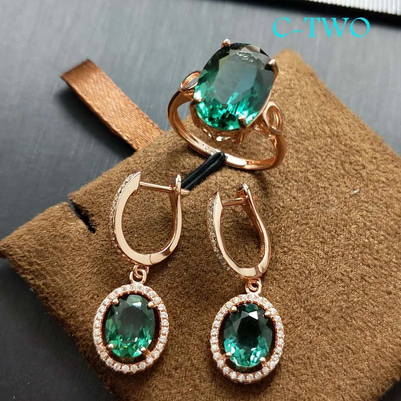 

C-TWO Fine jewelry set long earring and big ring with green color gemstone rose gold jewelry set for woman