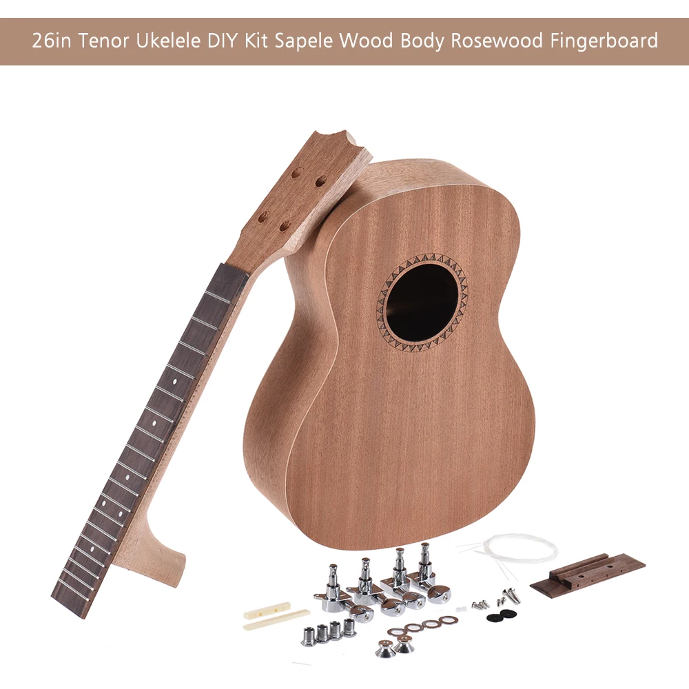 26in Tenor Ukelele Гавайские гитары DIY Kit Sapele Дерево корпус палисандр гриф с колышками Струнный мост гайка