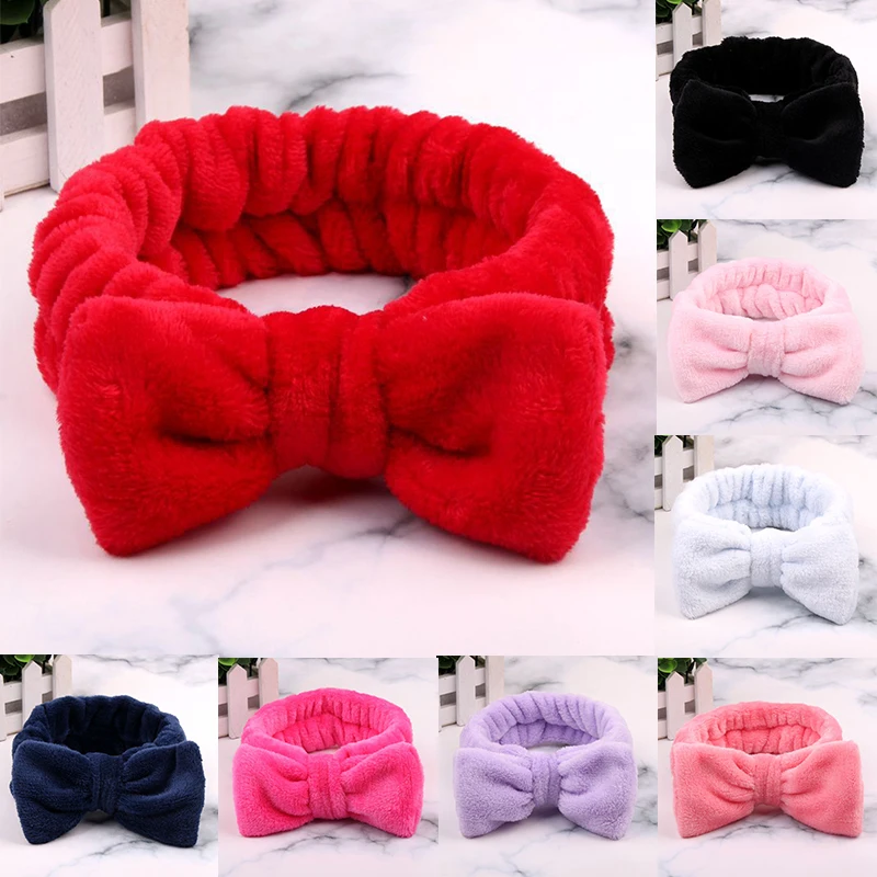New Solid Color Coral Fleece Bow Hair Bands Wash Face Makeup Soft