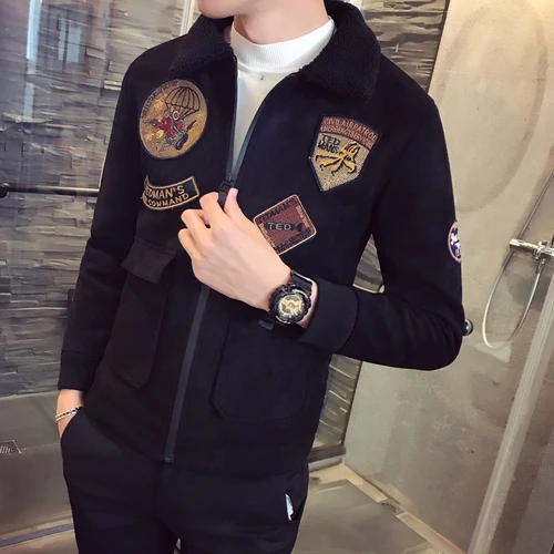 Толстое замшевое пальто для мужчин s зимние теплые куртки для мужчин меховой воротник Erkek Slim Fit Parka Bomber Homme Pilot куртки Уличная мужская одежда - Цвет: Черный