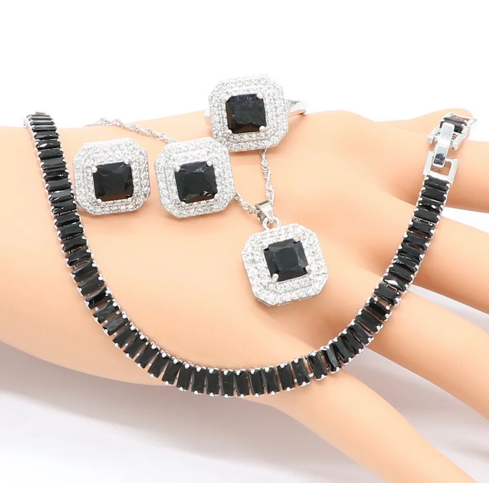 

Xutaayi Women Black Cubic Zirconia square Fashion 925 Silver zircon wedding Jewelry Sets Angelic Necklace Ring Earring Bracelet