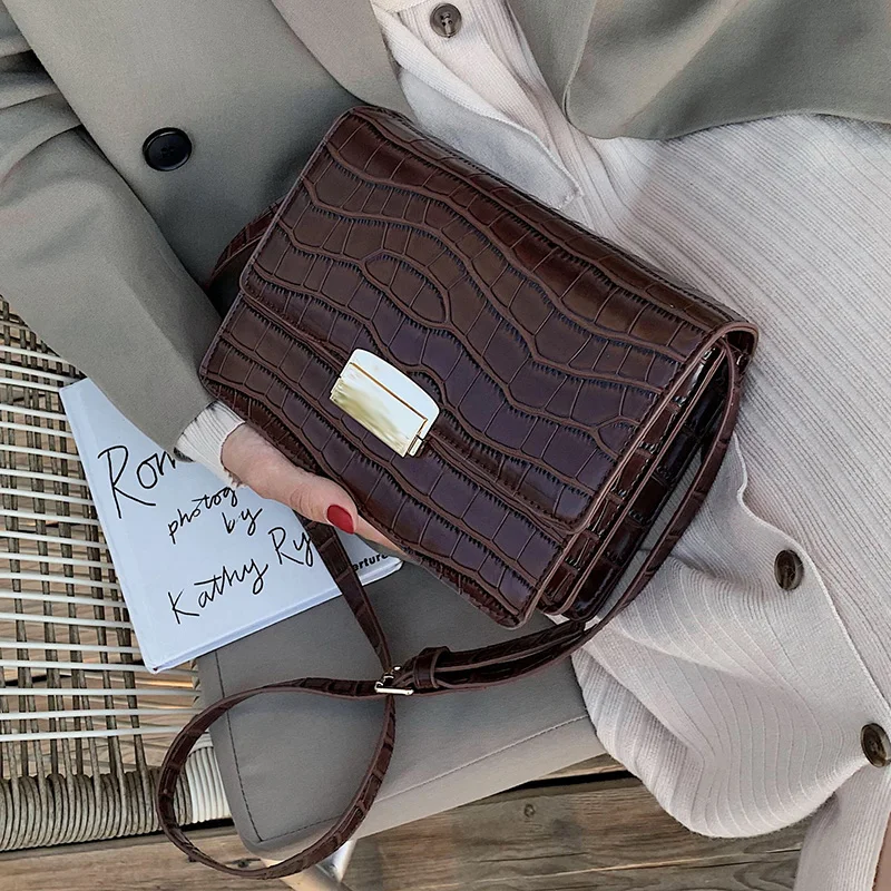 

Vintage Crocodile Pattern Women Shoulder Bags Designer Lock Messenger Bag Luxury Pu Leather Crossbody Bags Small Ladies Flap New