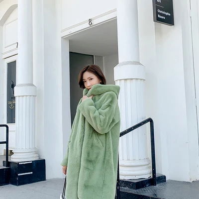 Зимнее пальто из искусственного меха норки для женщин, большие размеры, Свободные повседневные однотонные меховые пальто, пальто, Толстая теплая Длинная женская куртка с капюшоном, парка - Цвет: green
