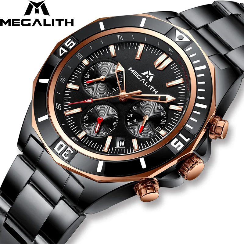 

MEGALITH Men Watch Fashion Quartz Watch For Man Stainless Steel Wristwatch Black Luminous Top Brand Waterproof Chronograph Clock