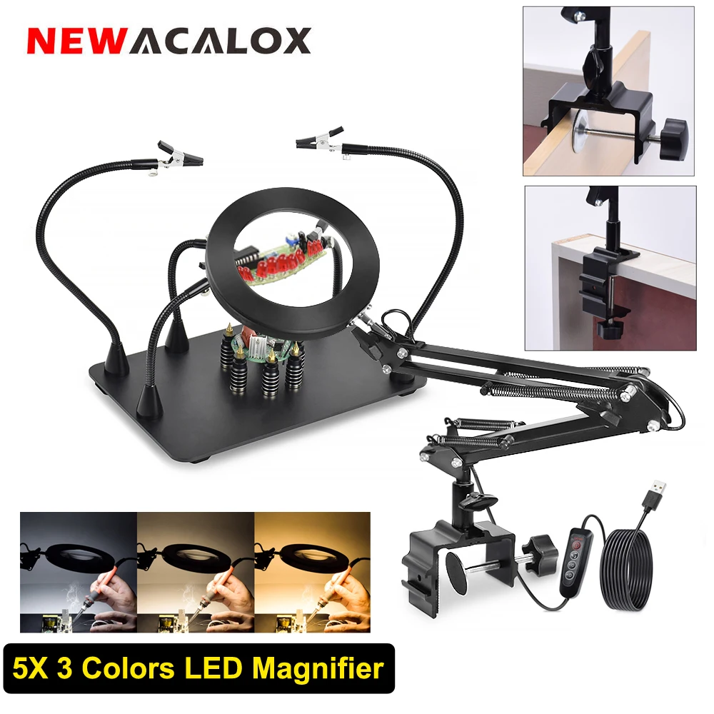NEWACALOX PCB Clip Holder Soldering Stand USB 5X Magnifier