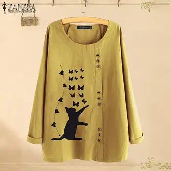 

Elegant Cat Printed Tops Women's Autumn Blouse 2020 ZANZEA Casual Long Sleeve Shirts Female O Neck Blusas Plus Size Tunic S-5XL