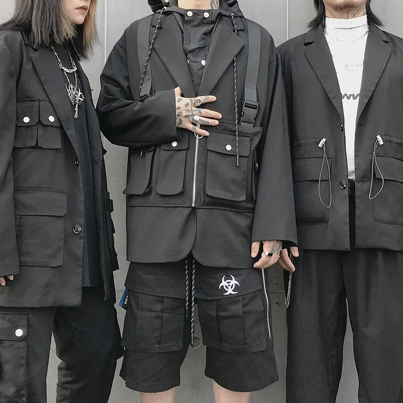 

High Street Mens Gothic Suits Blazers Punk Rock Dark Style Black Jacket Multi-pocket Function Clothes Mens Fashion Party Blazer