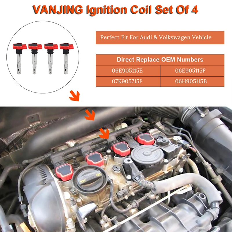 4 шт. катушка зажигания, которые подходят для VW Jetta Golf GTI Jetta GLI Passat CC Кролик для Audi A3/4/5/6 t/t Q5/7 S4/5 R8 06E905115 BEF 07K905715F
