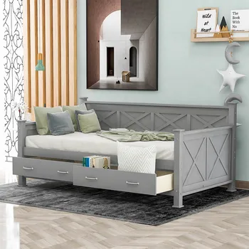 

Twin Size Daybed Modern and Rustic Casual Style Daybed with 2 Large Drawers X-shaped Frame Bedroom Living Room Furniture Gray