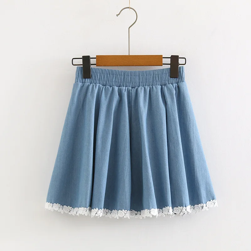 

2019 Summer New Style Casual Versatile Solid Color High-waisted Slimming Lace Joint Anti-Exposure Denim Skirt Women's