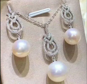 

10-11mm south sea round white pearl pendant &earring set