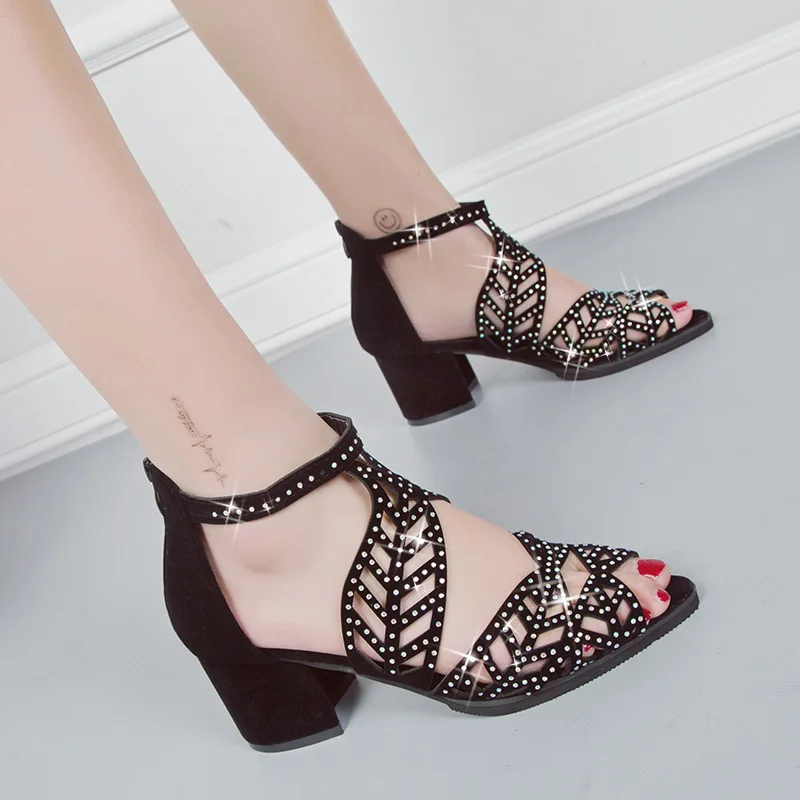 

2019 Sandals Women's Summer New Style Europe And America Open-toed Shoes Chunky High Heel Hollow out Fashion Man-made Diamond Ni