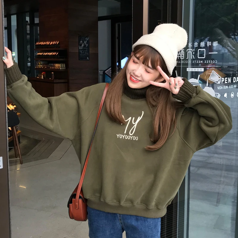 Ins fashion letters plus velvet thick sweatshirt women winter new Harajuku high collar loose hooded casual female sweatshirt