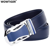 WOWTIGER Blue Leather Men`s Belt High Quality Alloy Automatic Buckle Belts For Men 3.5cm Width Adjustable Luxury Brand Strap