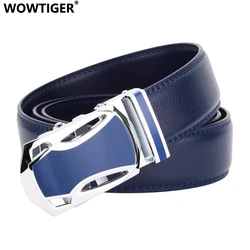 WOWTIGER Blue Leather Men`s Belt High Quality Alloy Automatic Buckle Belts For Men 3.5cm Width Adjustable Luxury Brand Strap