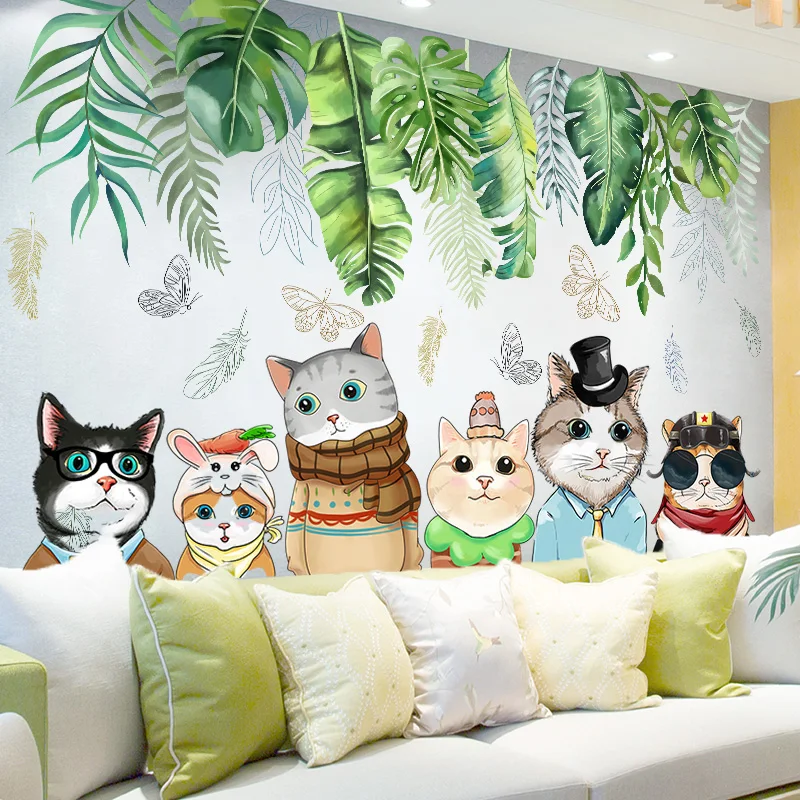 

Cats Animals Wall Stickers Vinyl DIY Green Plant Leaves Wall Decals for Kids Room Baby Bedroom Nursery Home Decoration