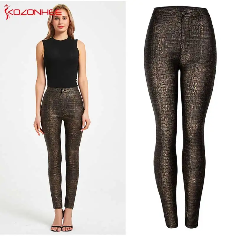 Fashion Stretch Gold PU Leather Pants Women High-Waist Female Elasticity Women's Tights Pencil PU Crocodile leather Pants #08