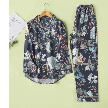 

Spring Women Pajamas Section Fashion Floral Print Retro Cotton Satin Squirrel Print Long Sleeve Cardigan Sleepwear Home Clothes