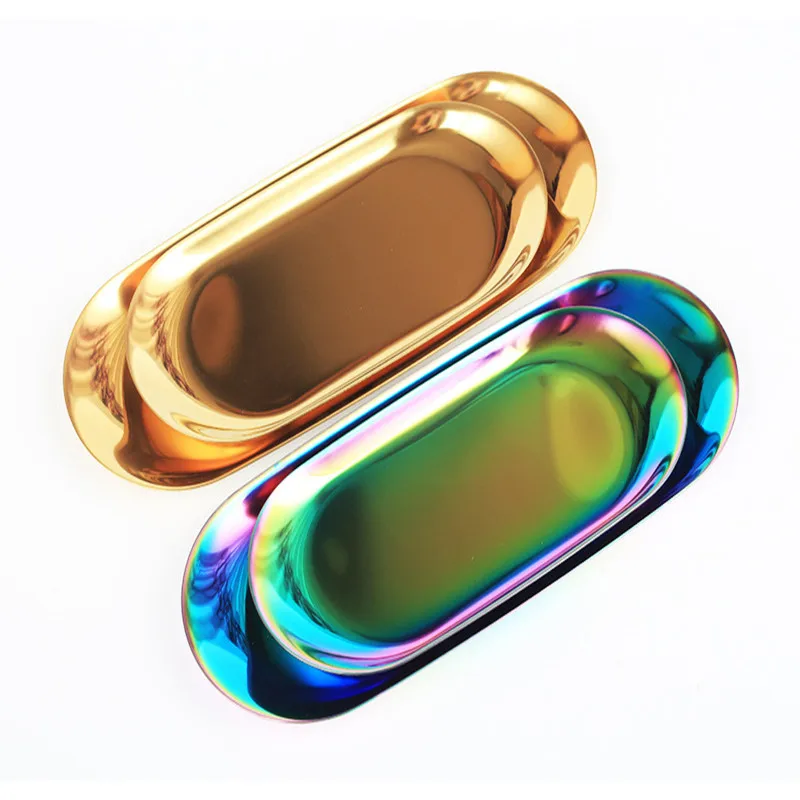 

Stainless Steel Modern Metal Storage Trays Gold Silver Ellipse Tray Jewelry Receive Tray Dessert Dish Plate Decorative Articles