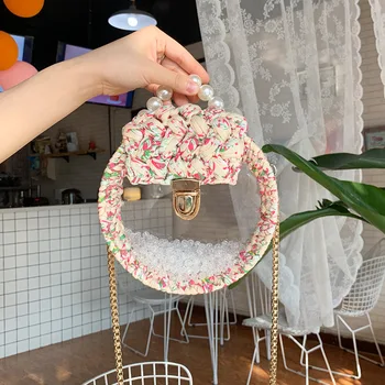 

Handbag pearl bag lady lock transparent bag acrylic cloth thread hand woven bag chain skewed bag shoulder bag finished product
