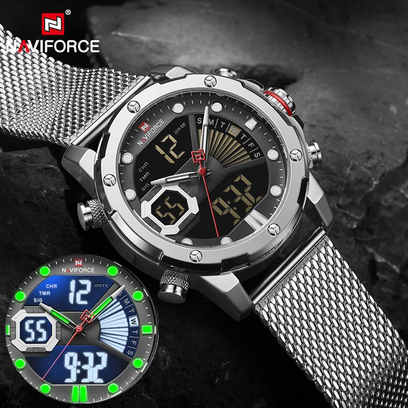 NAVIFORCE, Роскошные мужские часы, кварцевые, стальной ремешок, военный, светодиодный, цифровые, спортивные наручные часы, водонепроницаемые часы, Relogio Masculino