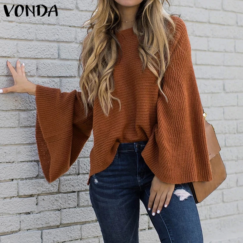  VONDA Autumn Winter Long Sleeve Tops Women Solid Color Pullover Shirts Plus Size Bohemian Party Blu