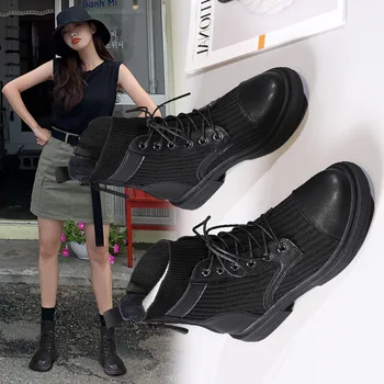 

2020 leather short boots Korean version versatile knitting single boots versatile flat bottomed women's socks boots