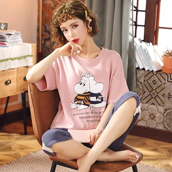 

JULY'S SONG Cotton Female Sleepwear Cute Cartoon Printed Women's Pajamas Sets Comfortable T-shirt Homewear Nightwear Summer 2020