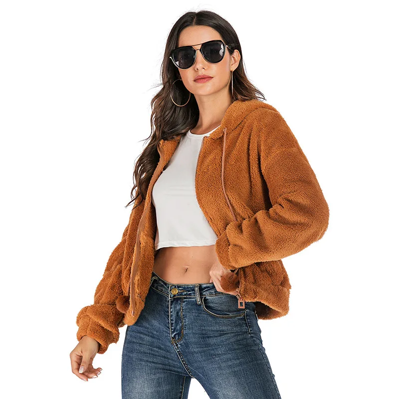 

2020 autumn and winter new women's casual fleece woolen coat women's solid color loose hooded coat to keep warm and thick