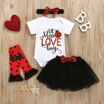 

2020 Valentine's Day Kids Baby Girl Short Sleeve O-Neck Tops+Tulle Skirt+Headband+Polka Dot Leg Warmers Clothes 4Pcs