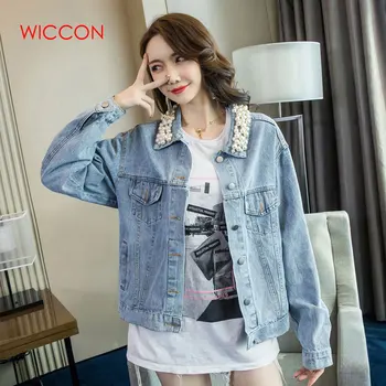 

Female Denim Jacket Female Korean Version Of The Spring And Autumn New Wild Bf Casual Style Denim Jacket Beading Decoration