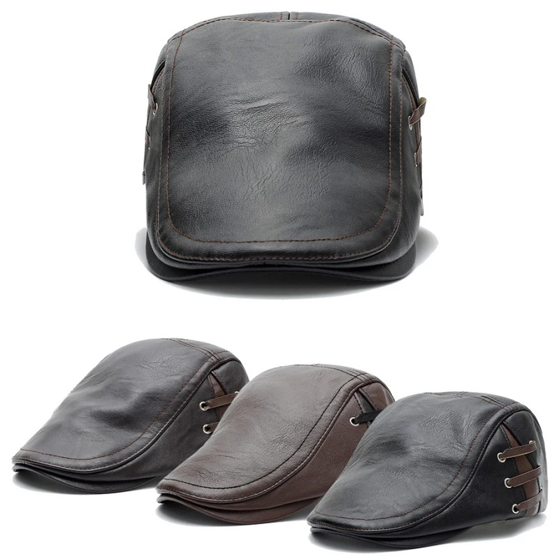 

Autumn Winter PU Leather Golf Beret Cap Vintage Warm Flat Top Men's Casual Driving Hat Soft Adjustable Trunker Hat Unisex