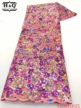 

H&Q baby pink african velvet lace fabric embroidered with sequins laces nigerian mesh fabrics 5 yards/piece for garment sewing
