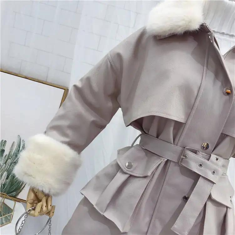Bella Wonder Толстая зимняя теплая куртка из искусственной кожи Длинный Меховой воротник пэчворк пояса для пальто Лим талия женские Куртки из искусственной кожи