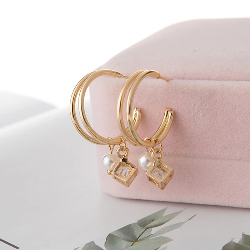 Double Layer Metal Circle Pearl Crystal Square Cube Small Hoop Earrings for Women Girl Wedding Party Gift