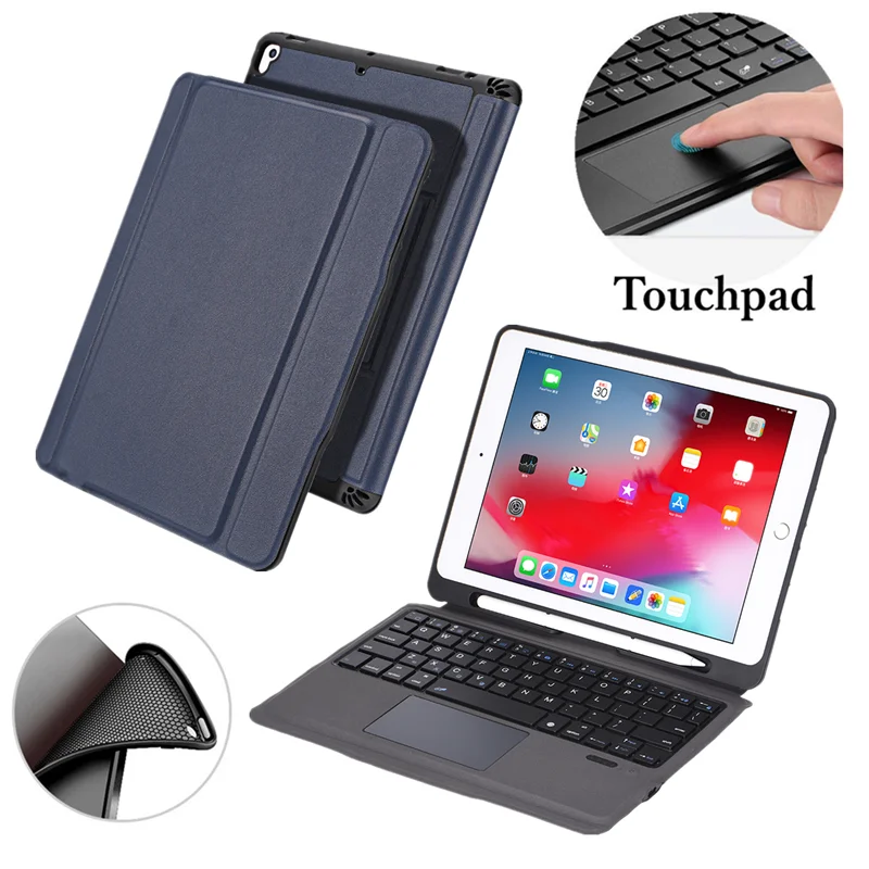 T205-touchpad-blue Чехол для iPad 6th 9,7 дюймов, съемная клавиатура с держателем для карандашей, подставка, кожаный чехол для iPad 9,7, чехол с клавиатурой A1893 A1954 - Цвет: T205-touchpad-blue