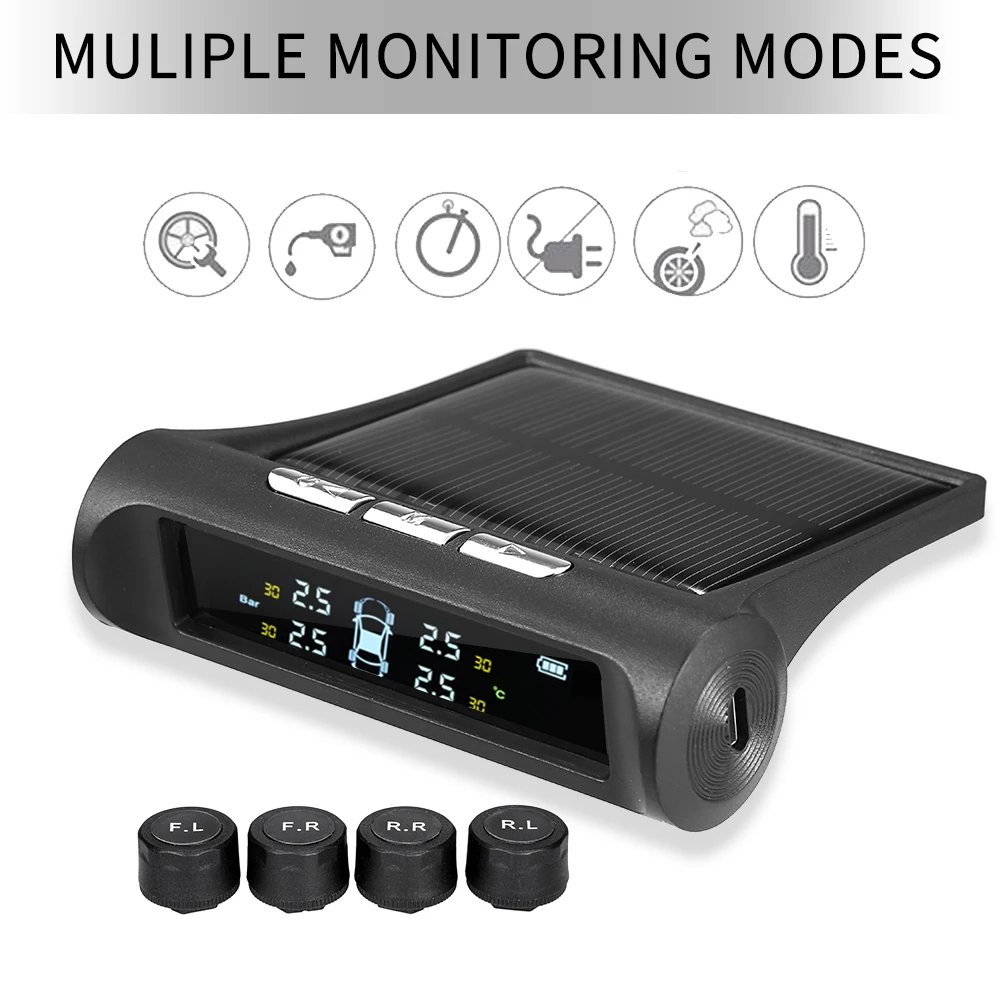 

Universal TPMS Wireless Tire Pressure Monitoring System Solar Power USB Charging 6 Alarm Modes Digital LCD Screen for Car Tire