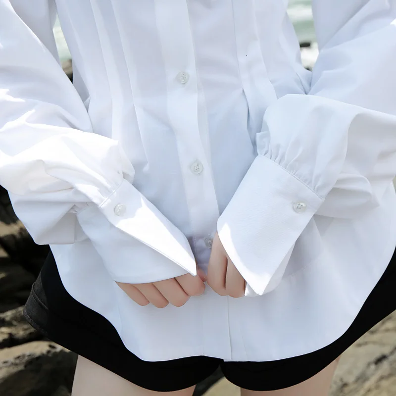 [EAM] Женская плиссированная блузка с круглым подолом, новая свободная рубашка с отворотом и длинным рукавом, модная весенняя Осенняя 1H075