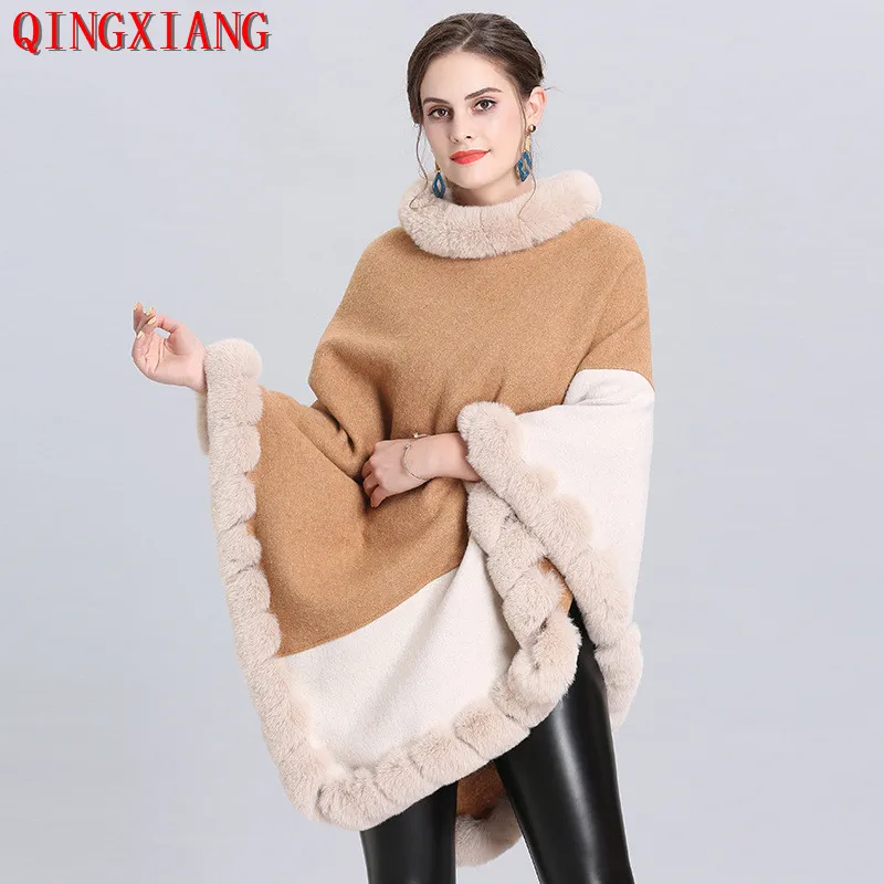 

2019 Yellow Beige Patchwork Loose Pullovers Winter Women Long Plus Size Faux Fox Fur Sweaters Shawl Knitted Poncho Cape